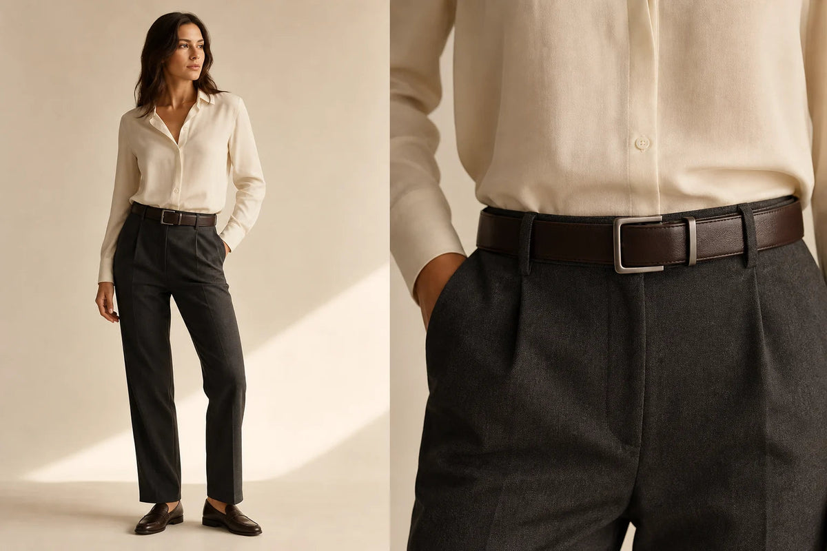Woman wearing a CAEL no-hole leather belt