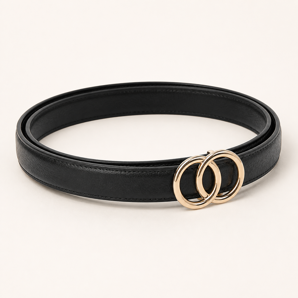 CAEL Modern Belt in black with gold double-ring buckle