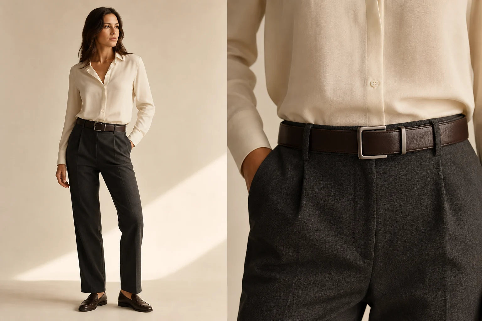 Close view of a CAEL no-hole leather belt worn with tailored trousers